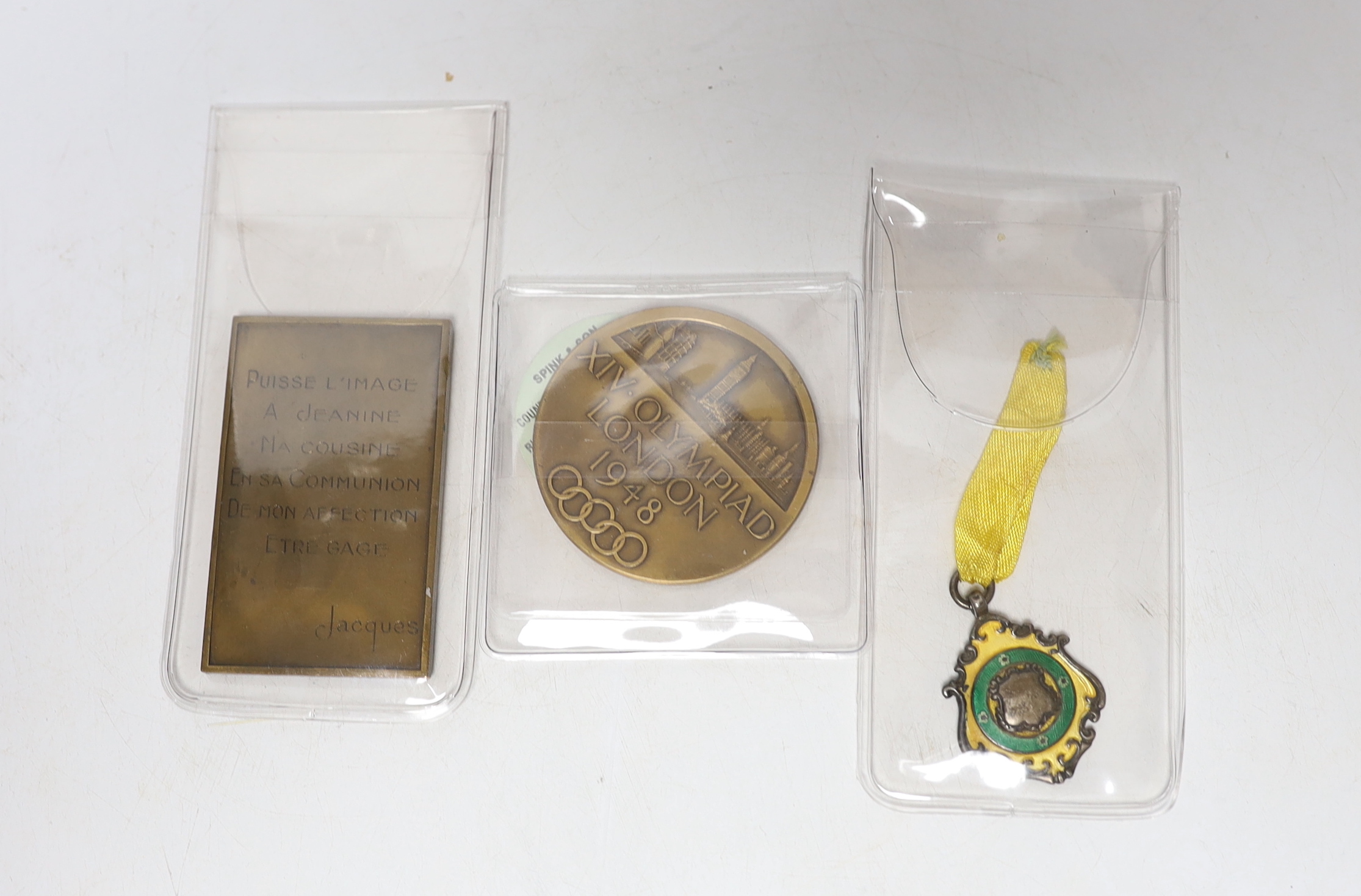 Commemorative medals - XIV Olympiad London 1948 medal, a SWLSFL league Div 1 Winners 1930-31 Glenrosa FC silver and enamel football medal, Marcel Renard plaquette and Austro-Hungary, Emperor Franz Josef I 40th jubilee gi
